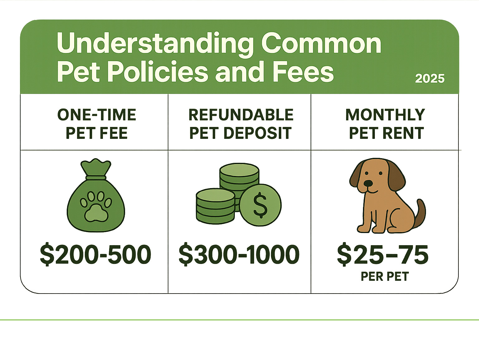 Table comparing common pet-related costs showing One-Time Pet Fee ranging from $200-500, Refundable Pet Deposit from $300-1000, and Monthly Pet Rent from $25-75 per pet - pet friendly short term furnished apartments infographic Table comparing common pet-related costs showing One-Time Pet Fee ranging from $200-500, Refundable Pet Deposit from $300-1000, and Monthly Pet Rent from $25-75 per pet - pet friendly short term furnished apartments infographic