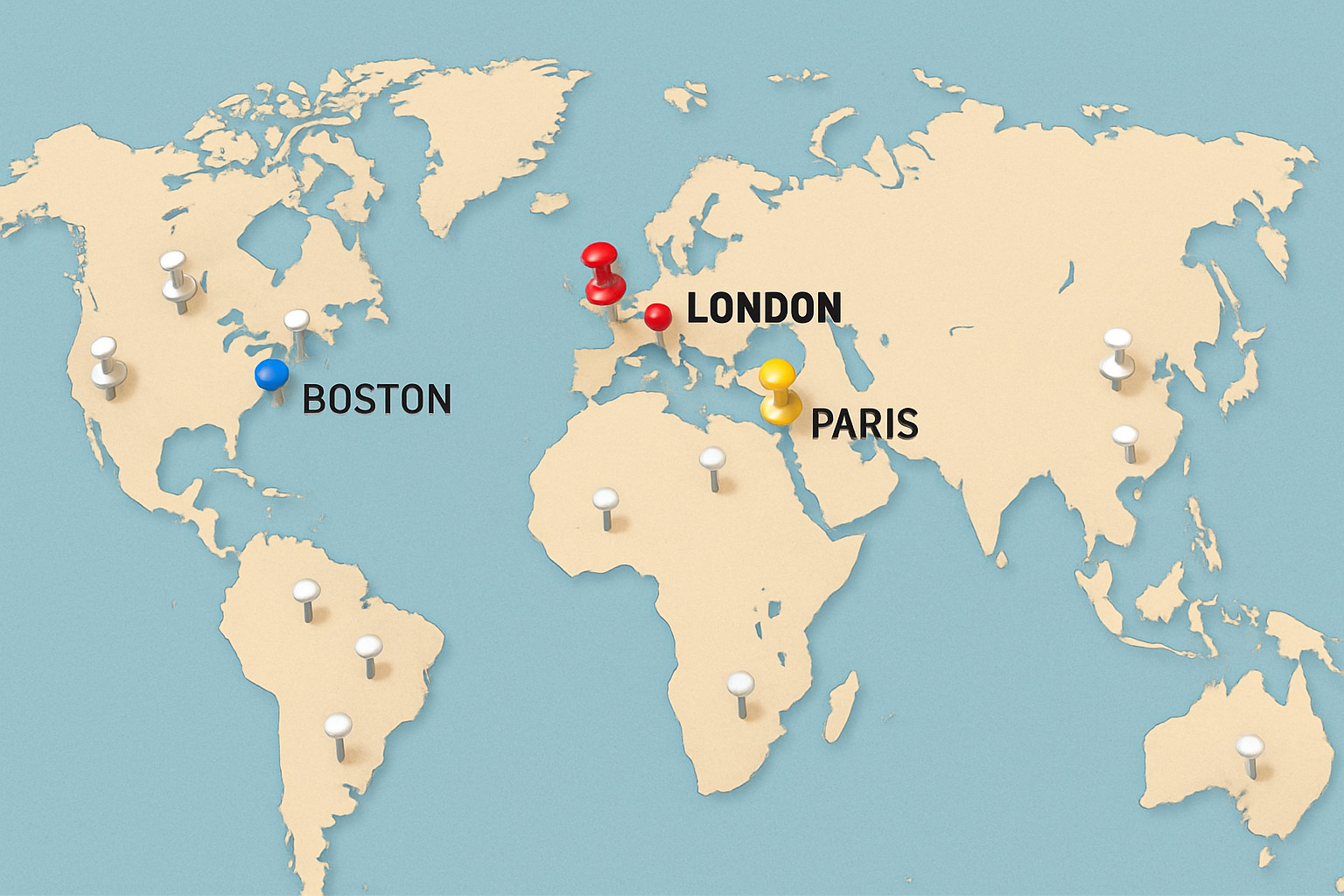 map with pins on major university cities like London, Boston, and Paris - academic sabbatical housing