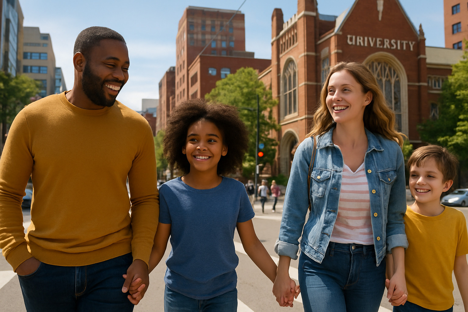 happy family exploring a new city near a university campus - academic sabbatical housing