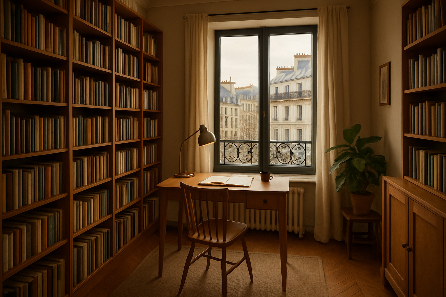 A cozy home office in a European city apartment with books and a view - international house swap long term A cozy home office in a European city apartment with books and a view - international house swap long term