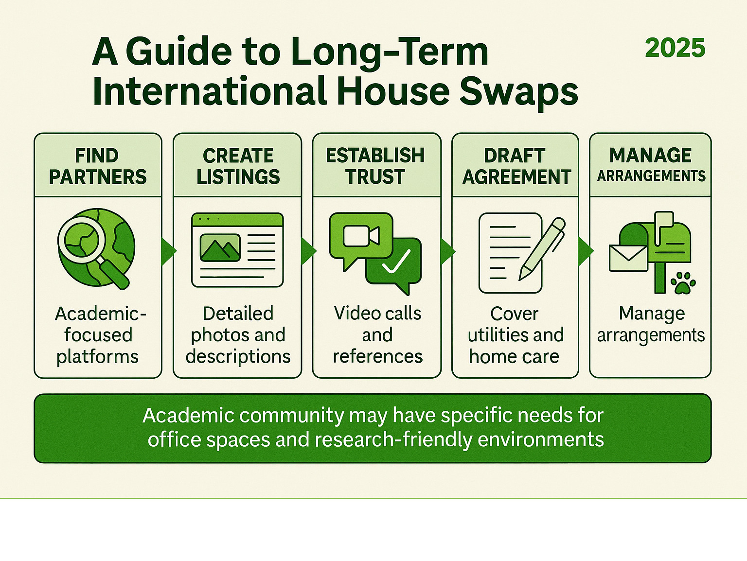 Comprehensive guide to long-term international house swaps showing the process from finding partners through academic-focused platforms, creating detailed listings with photos and descriptions, establishing trust through video calls and references, drafting written agreements covering utilities and home care, and managing practical arrangements like mail forwarding and pet care, with emphasis on the academic community's unique needs for office spaces and research-friendly environments - international house swap long term infographic Comprehensive guide to long-term international house swaps showing the process from finding partners through academic-focused platforms, creating detailed listings with photos and descriptions, establishing trust through video calls and references, drafting written agreements covering utilities and home care, and managing practical arrangements like mail forwarding and pet care, with emphasis on the academic community's unique needs for office spaces and research-friendly environments - international house swap long term infographic