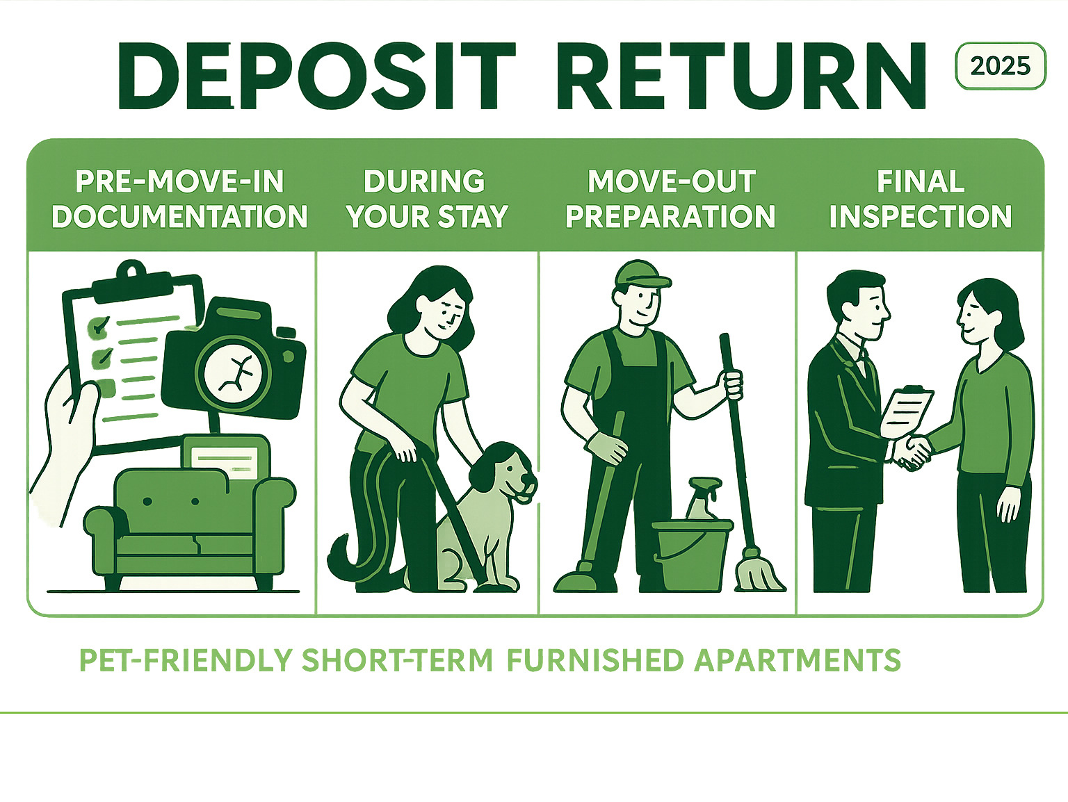 Infographic showing the deposit return process: Document existing damage before move-in, maintain cleanliness during stay, professional cleaning before move-out, and final inspection with landlord - pet friendly short term furnished apartments infographic Infographic showing the deposit return process: Document existing damage before move-in, maintain cleanliness during stay, professional cleaning before move-out, and final inspection with landlord - pet friendly short term furnished apartments infographic
