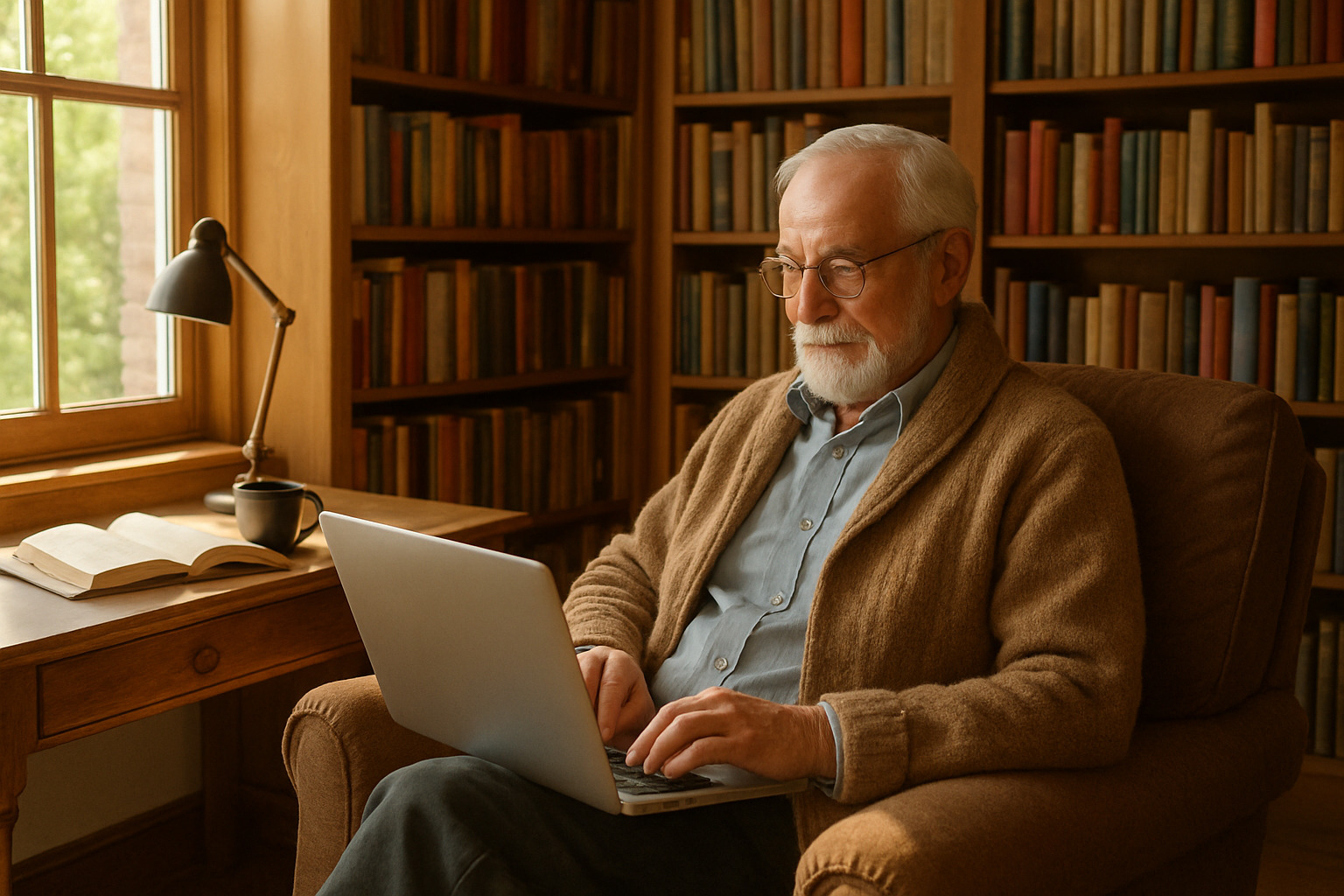 Scholar working comfortably in a home library in a foreign city - home exchanges for academics Scholar working comfortably in a home library in a foreign city - home exchanges for academics