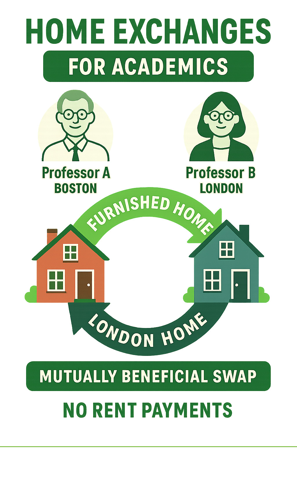 Detailed infographic showing the home exchange process: Professor A in Boston offers their furnished home to Professor B in London, while Professor B simultaneously offers their London home to Professor A, creating a mutually beneficial swap with no rent payments exchanged - home exchanges for academics infographic Detailed infographic showing the home exchange process: Professor A in Boston offers their furnished home to Professor B in London, while Professor B simultaneously offers their London home to Professor A, creating a mutually beneficial swap with no rent payments exchanged - home exchanges for academics infographic