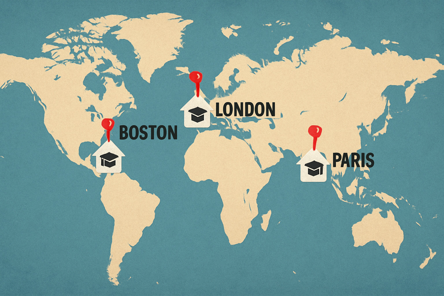 World map with pins on major university cities like London, Boston, and Paris - home exchanges for academics World map with pins on major university cities like London, Boston, and Paris - home exchanges for academics