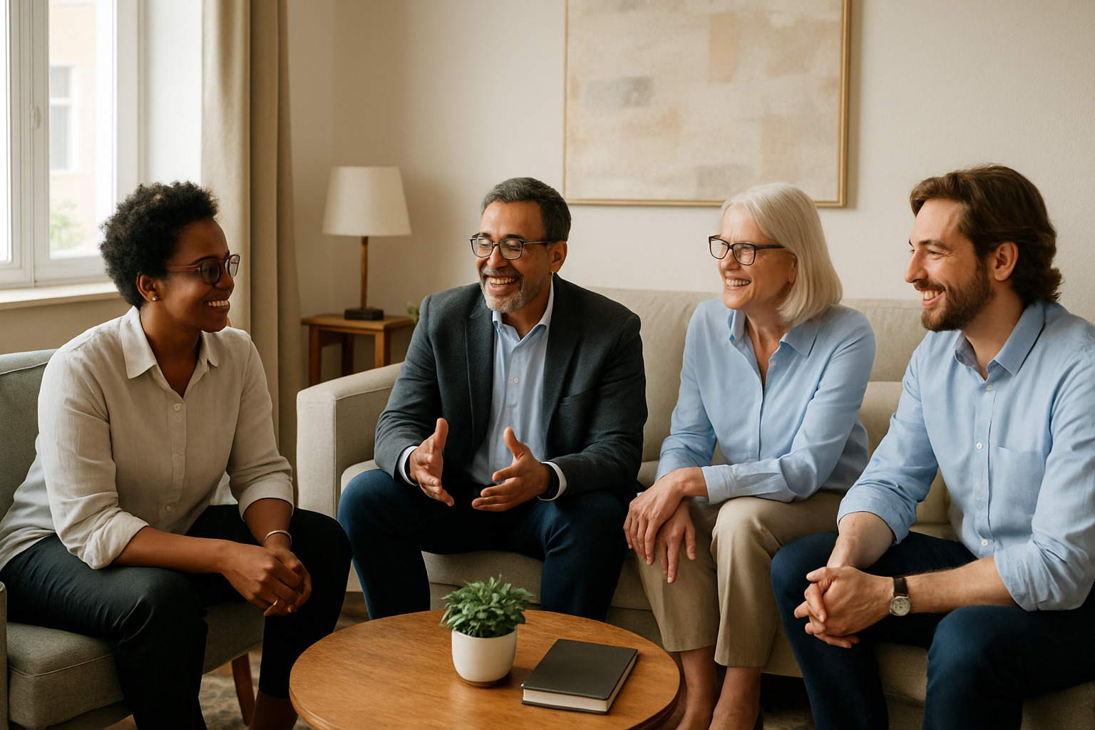 diverse group of people (academics, professionals) happily interacting in a comfortable, shared living space - short term furnished rental apartments diverse group of people (academics, professionals) happily interacting in a comfortable, shared living space - short term furnished rental apartments