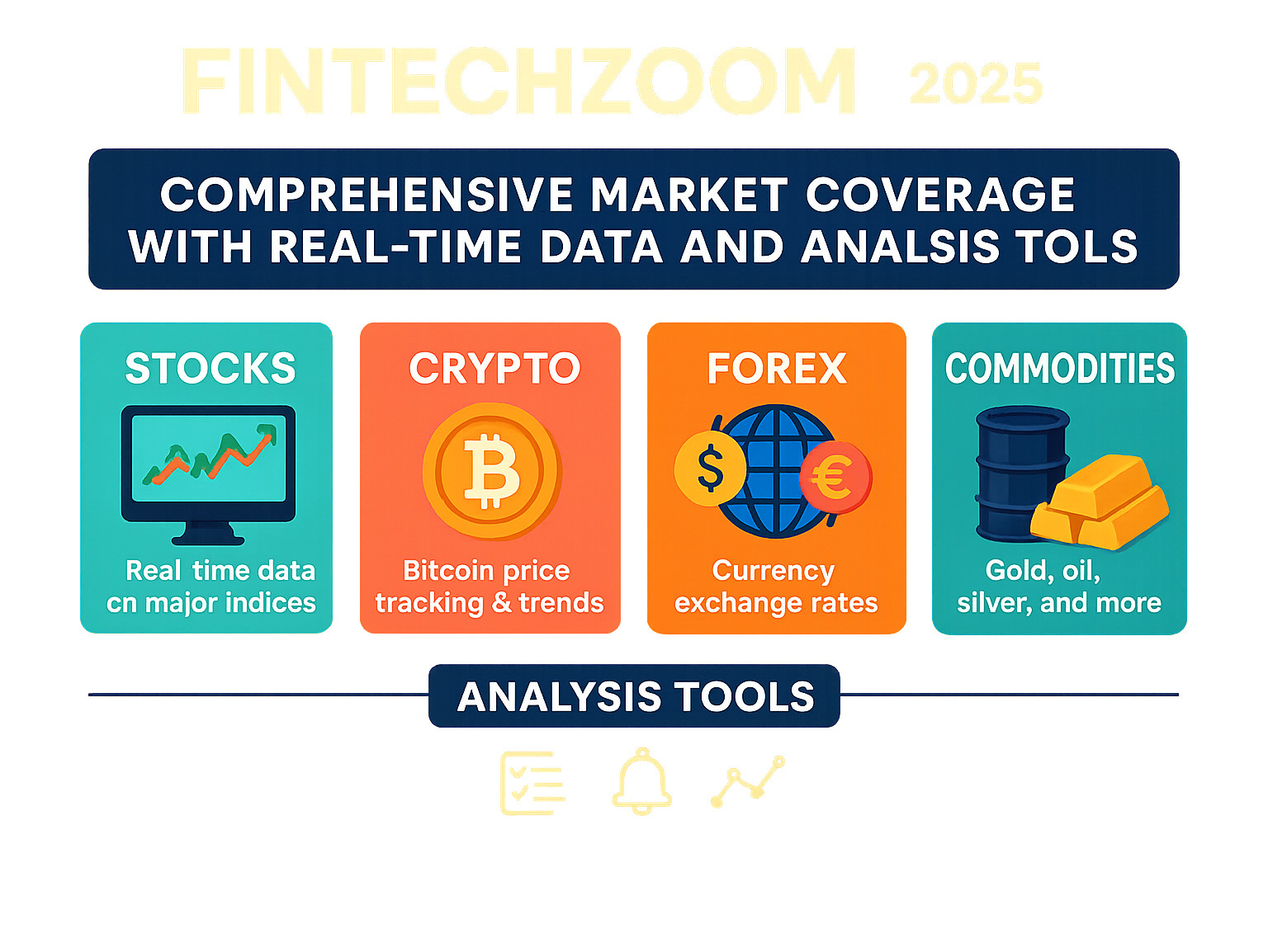 Comprehensive breakdown of FintechZoom's market coverage including stocks, crypto, forex, and commodities with real-time data feeds and analysis tools - fintechzoom.com markets infographic 