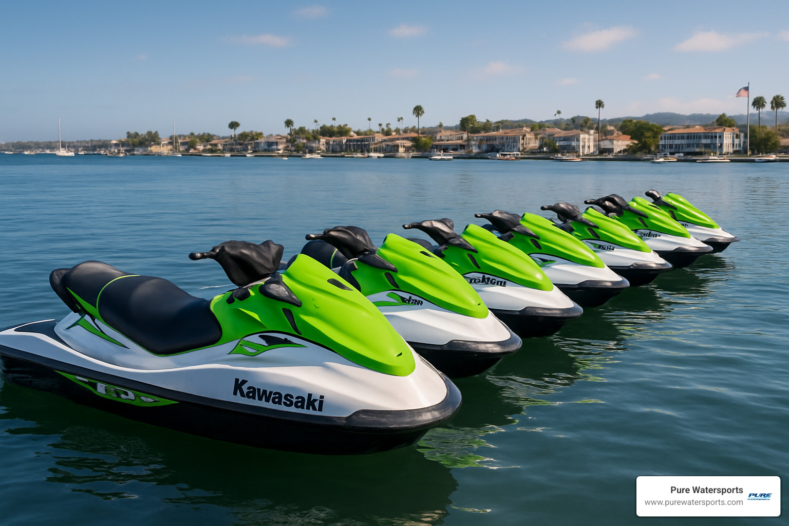 Kawasaki jet ski fleet ready on the water - jet ski rental dana point