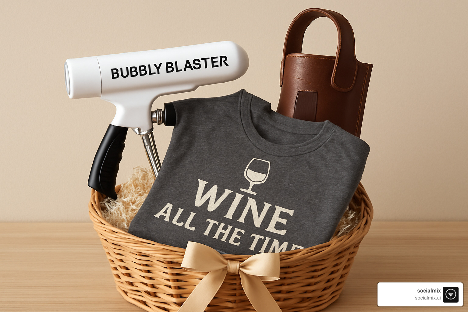 curated gift basket including a Bubbly Blaster, leather wine tote, and wine-themed t-shirt - best wine accessories