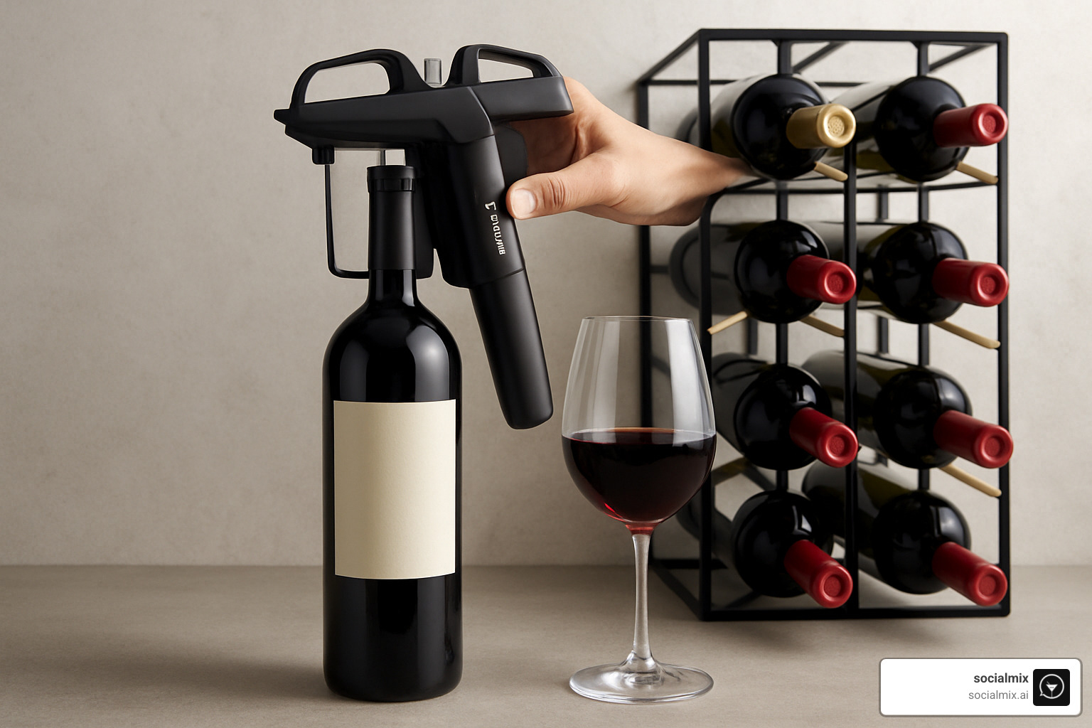 Coravin system being used on a wine bottle next to a stylish wine rack - best wine accessories