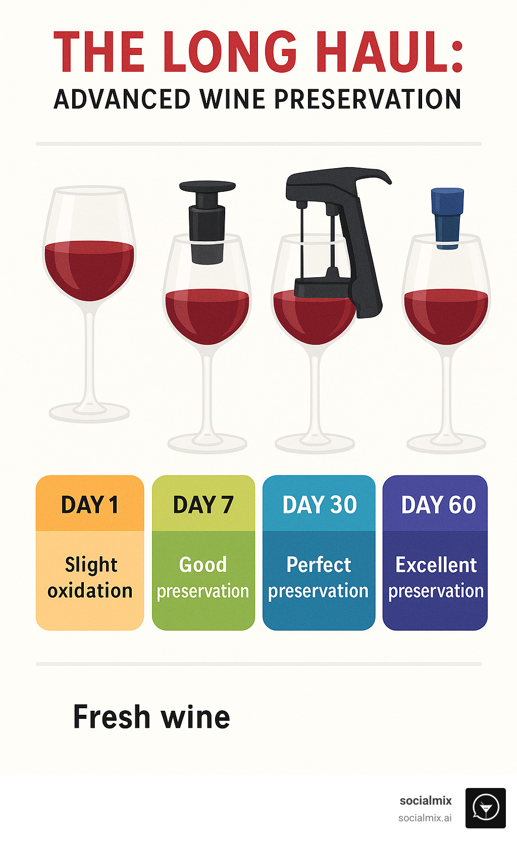 Infographic showing wine preservation timeline: Day 1 - Fresh wine, Day 3 - With basic stopper showing slight oxidation, Day 7 - With vacuum pump showing good preservation, Day 30 - With Coravin showing perfect preservation, Day 60 - With Repour showing excellent preservation - best wine accessories infographic 