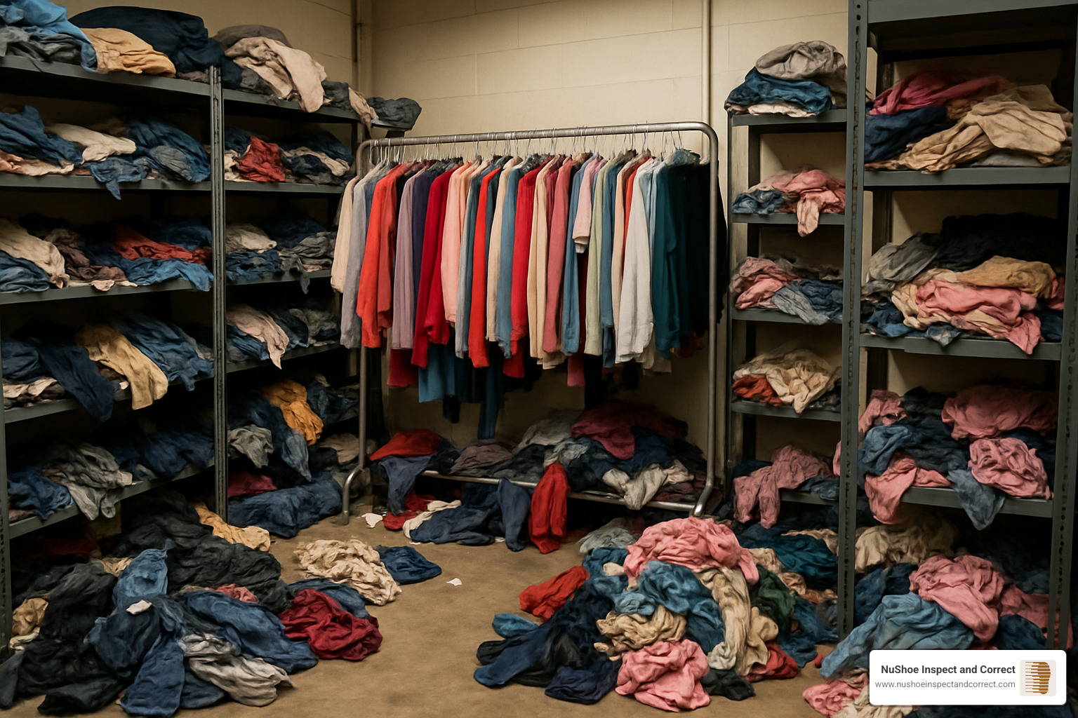 messy overstocked retail backroom with clothes scattered everywhere - apparel inventory solutions