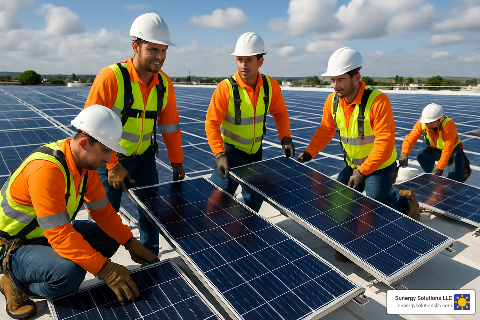 Solar installation team working safely on a large commercial roof - commercial solar company burlington vt