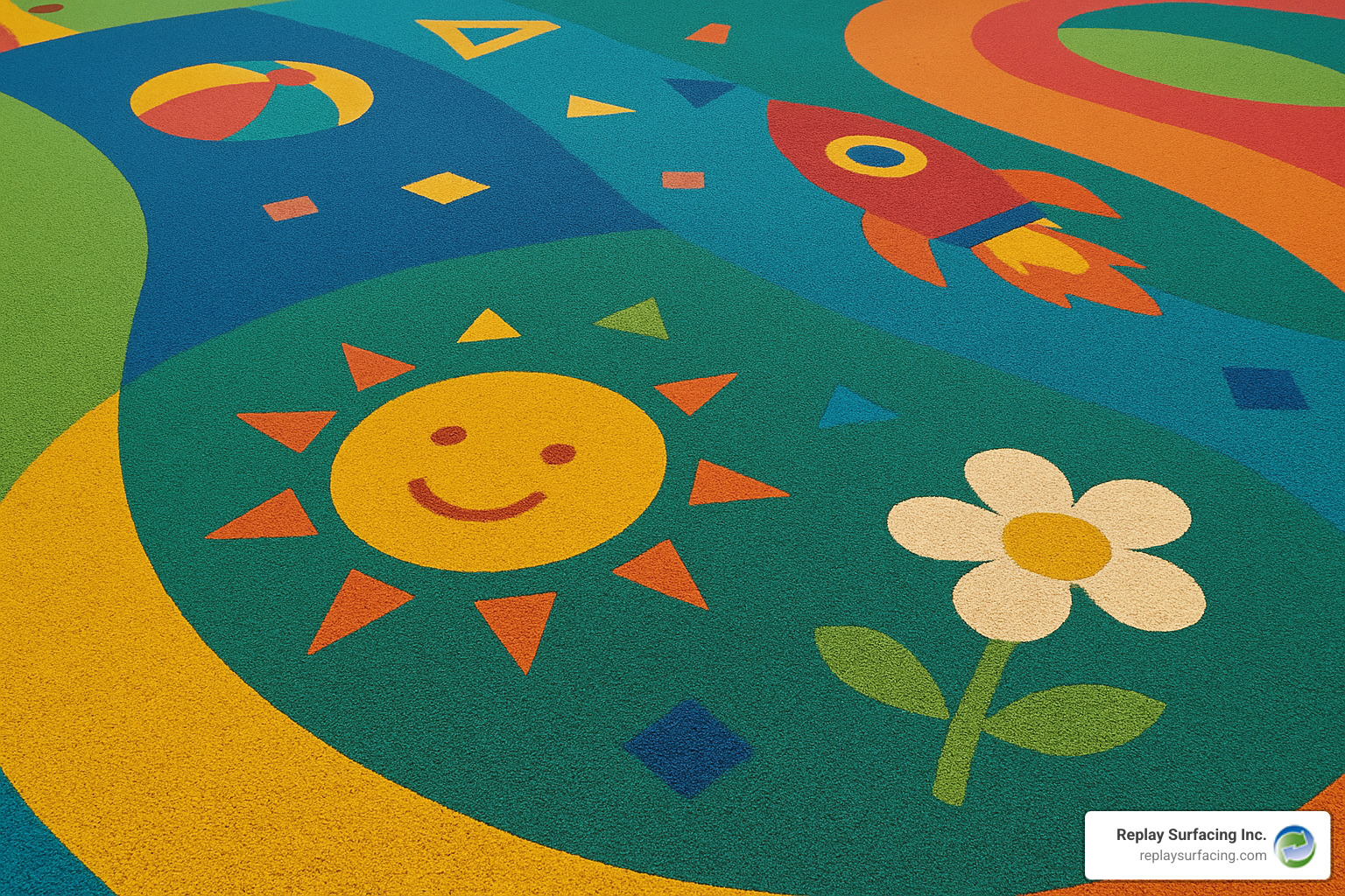 Playground with custom inlaid graphics and multiple colors. - rubber flooring playground surfaces