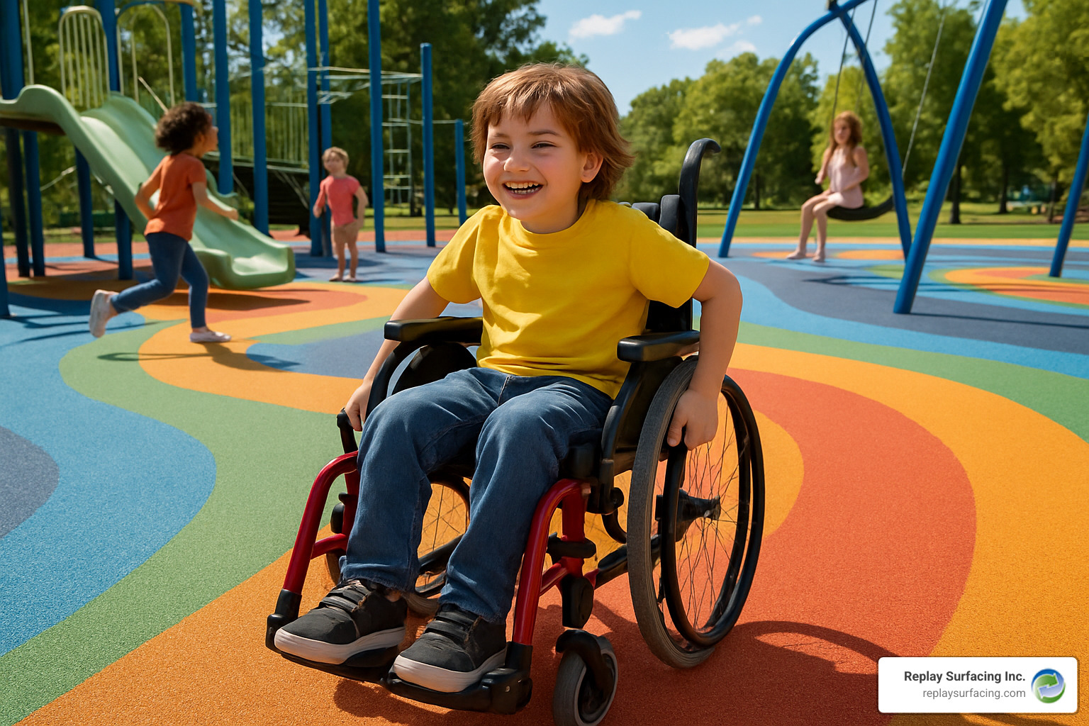 Child in a wheelchair easily moving across a smooth poured-in-place rubber surface. - rubber flooring playground surfaces