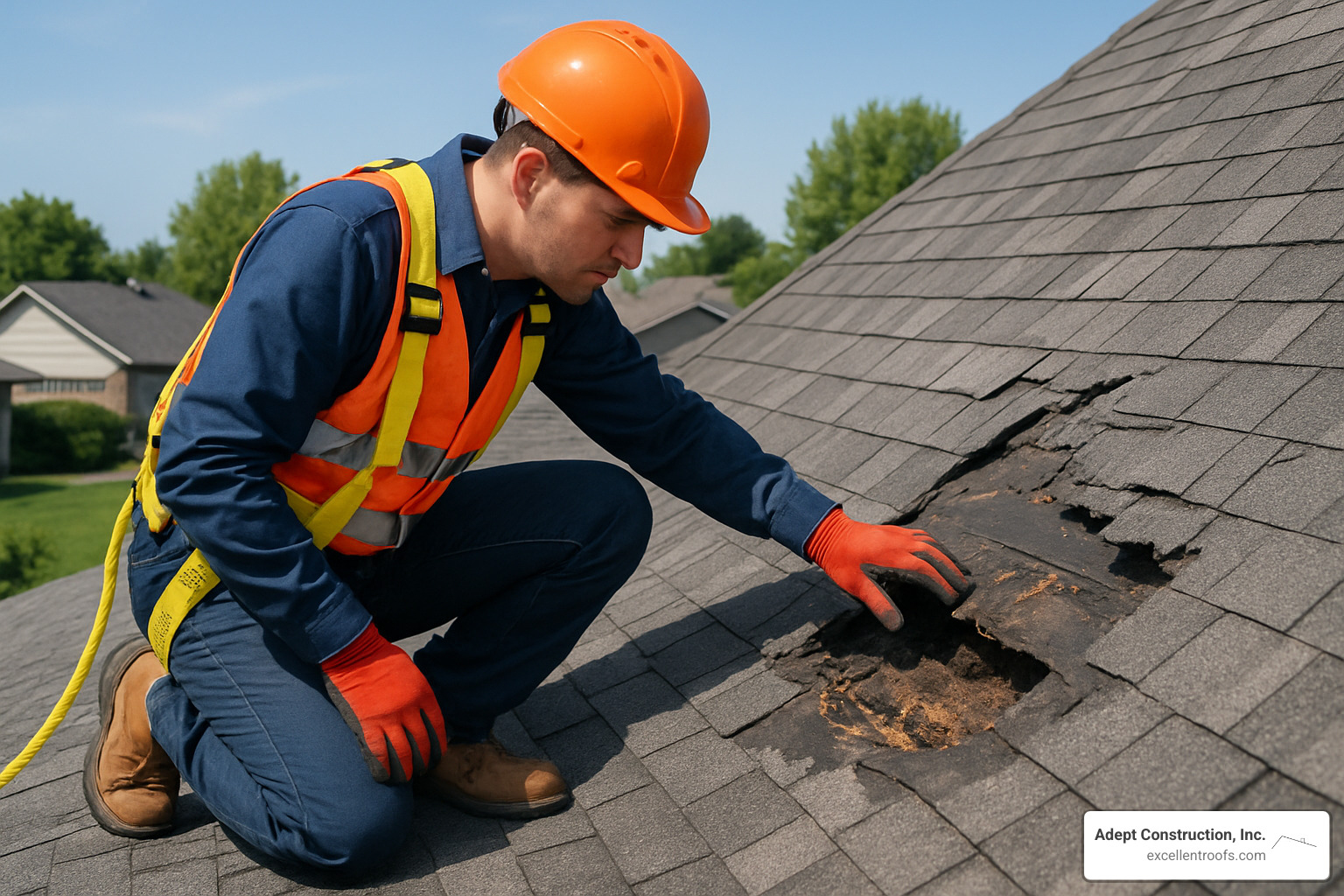 Professional roofer safely inspecting a damaged roof section - roofing repair naperville il