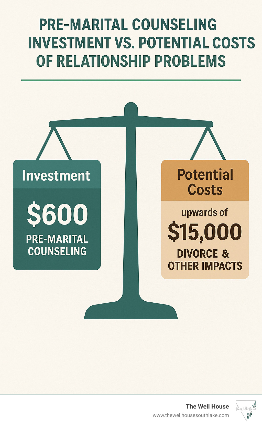 Cost comparison showing pre-marital counseling investment versus potential costs of relationship problems - black pre marital counselling near me infographic 