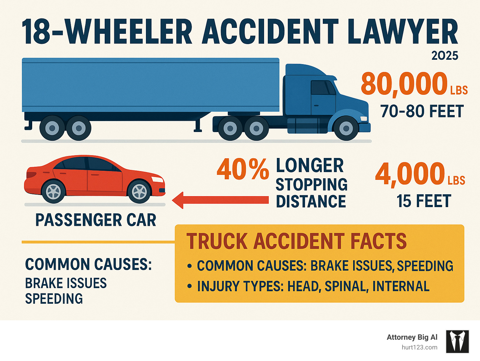Infographic showing size and weight comparison between an 18-wheeler truck (80,000 pounds, 70-80 feet long) and a passenger car (4,000 pounds, 15 feet long), with statistics showing 40% longer stopping distance for trucks and key accident facts including common causes and injury types - 18 wheeler accident lawyer infographic