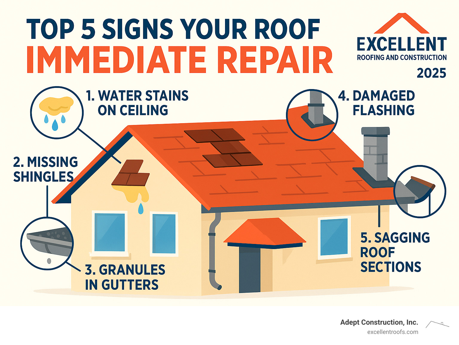 Infographic showing the top 5 signs your roof needs immediate repair: water stains on ceiling, missing shingles, granules in gutters, damaged flashing around chimneys and vents, and sagging roof sections - roofing repair naperville il infographic