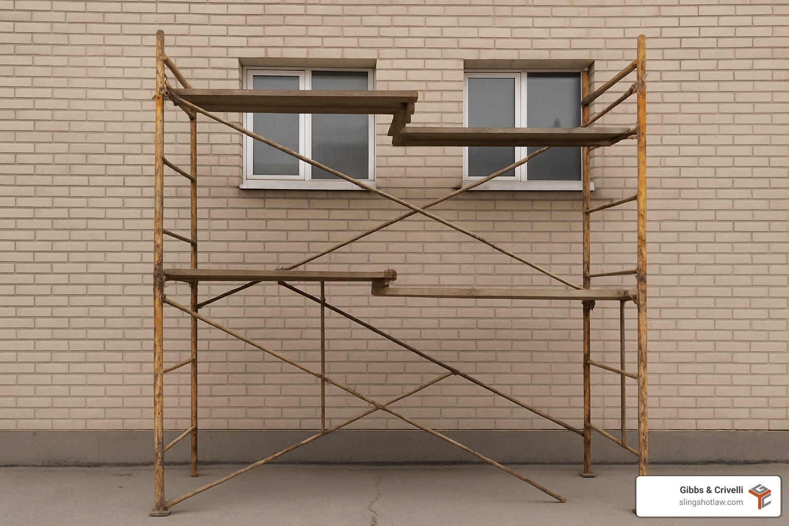 An unsafe scaffolding setup showing missing guardrails and improper construction - Austin construction injury lawyer