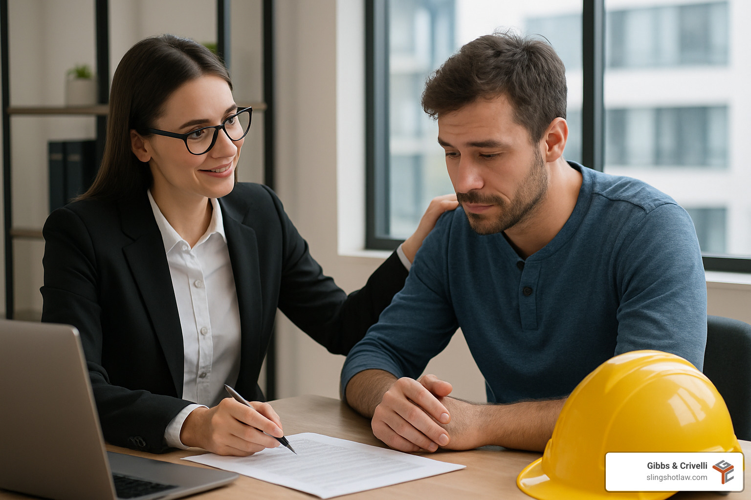 A lawyer meeting with a construction worker client in an office setting - Austin construction injury lawyer