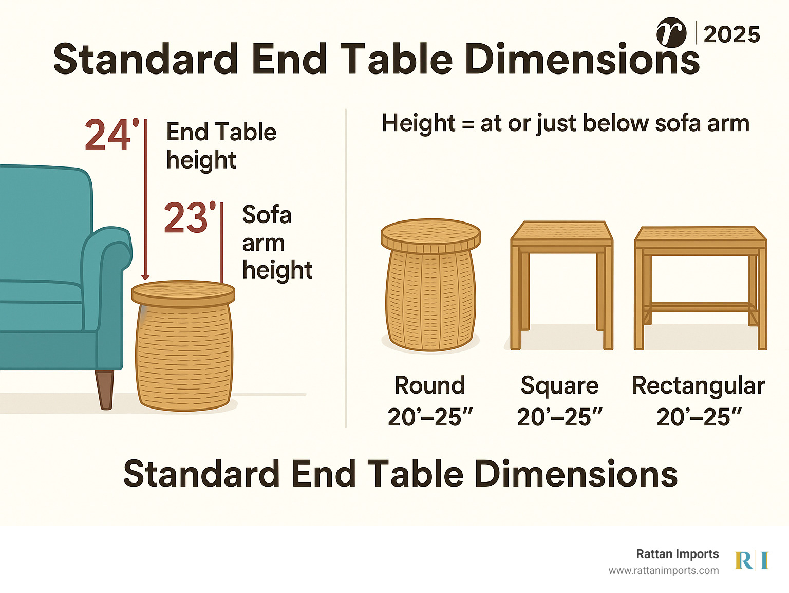 Infographic showing standard end table dimensions and how they relate to sofa arm heights, with measurements for different table shapes and recommended proportions - rattan end table infographic 