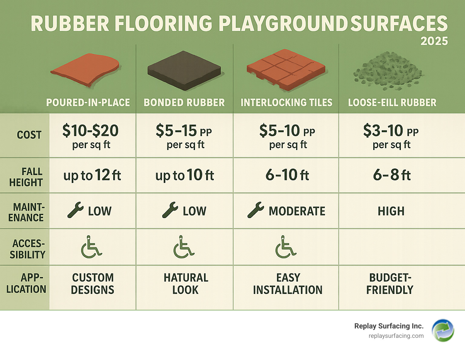 Comprehensive comparison infographic showing the four main types of rubber playground surfaces - poured-in-place, bonded rubber, interlocking tiles, and loose-fill rubber - with their respective costs, fall height protection ratings, maintenance requirements, accessibility levels, and ideal applications - rubber flooring playground surfaces infographic 