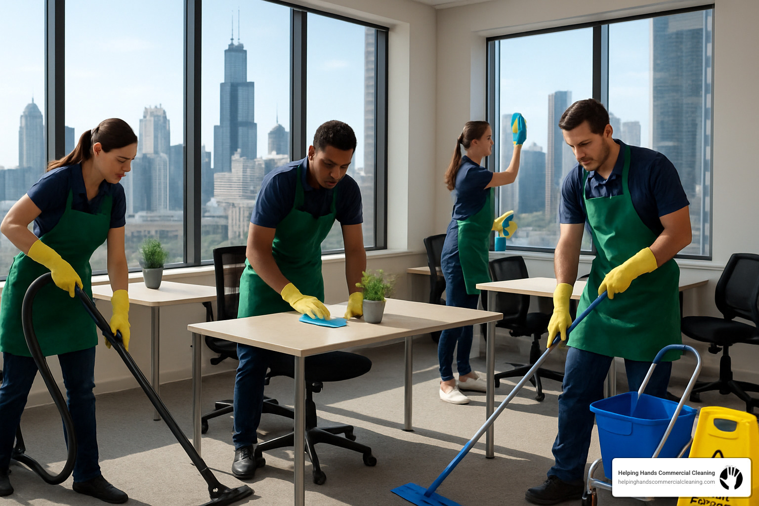 Professional cleaning team working in a modern Chicago office with the city skyline visible - chicago cleaning service