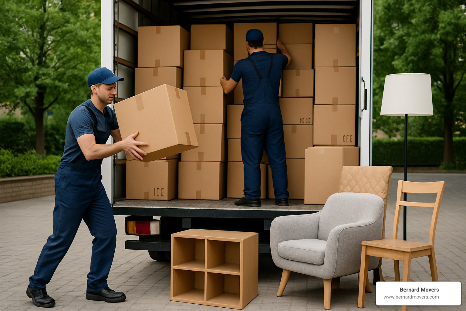 moving truck being loaded with neatly packed boxes and furniture