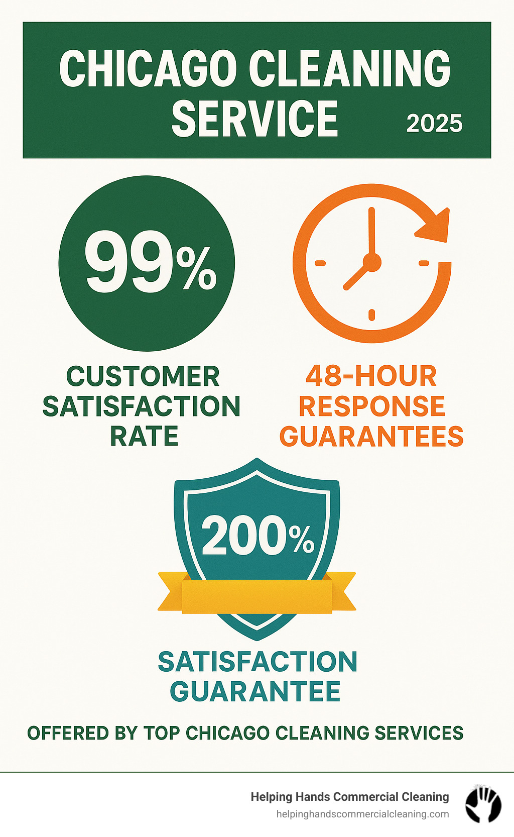 Statistical breakdown showing 99% customer satisfaction rates, 48-hour response guarantees, and 200% satisfaction guarantee offered by top Chicago cleaning services - chicago cleaning service infographic 
