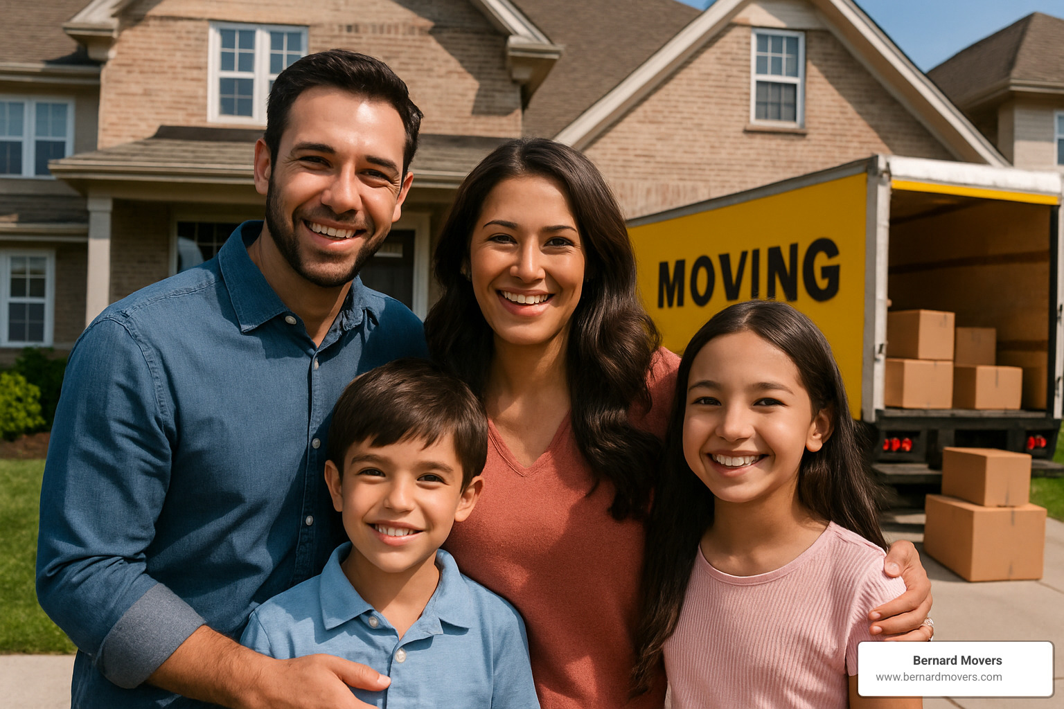 happy family standing in front of their new home with a moving truck in the background