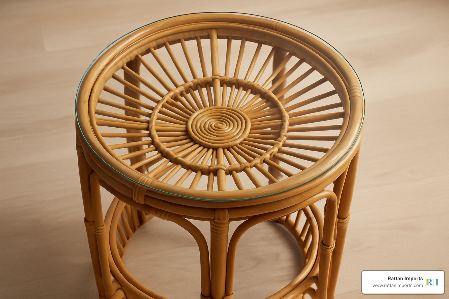 rattan end table with clear glass top showing intricate weave - rattan end table