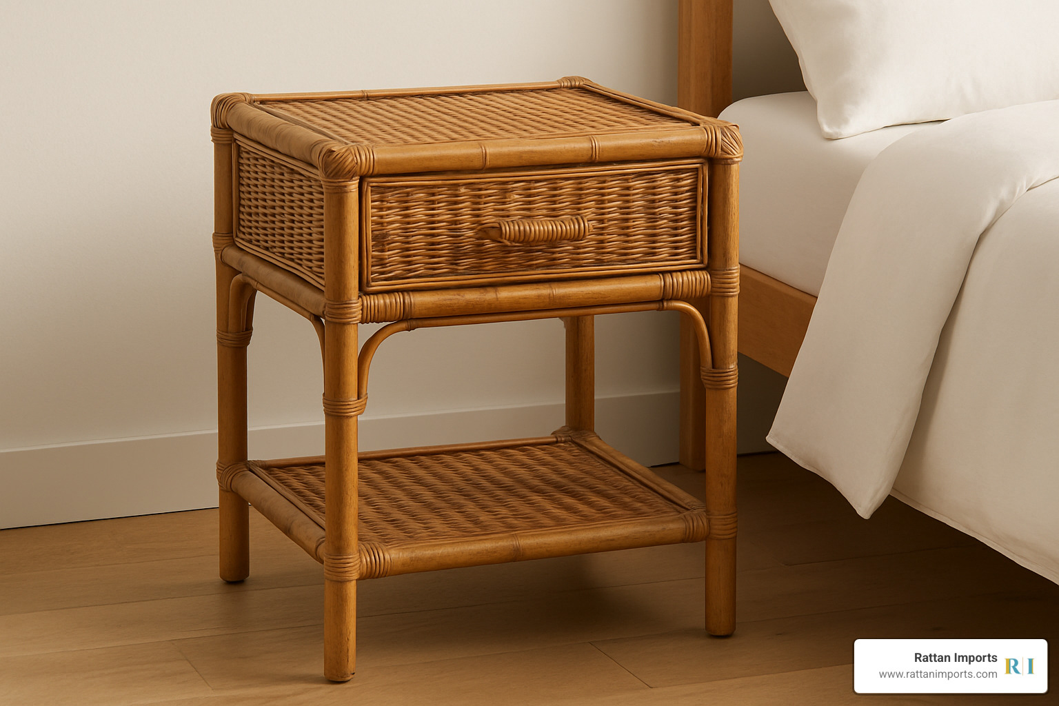 rattan end table with drawer and lower shelf as nightstand - rattan end table