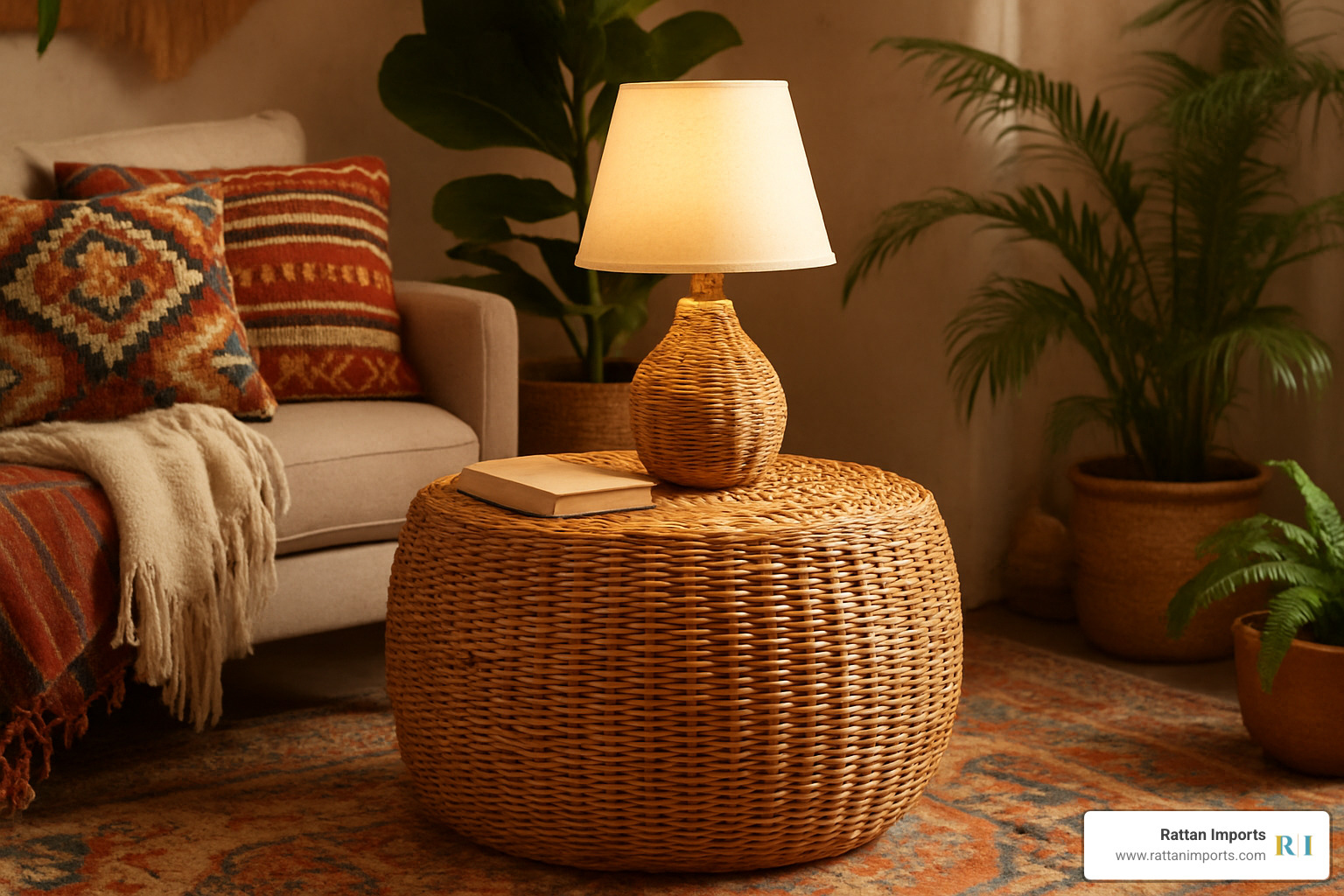 round drum-shaped rattan side table in bohemian room - rattan end table