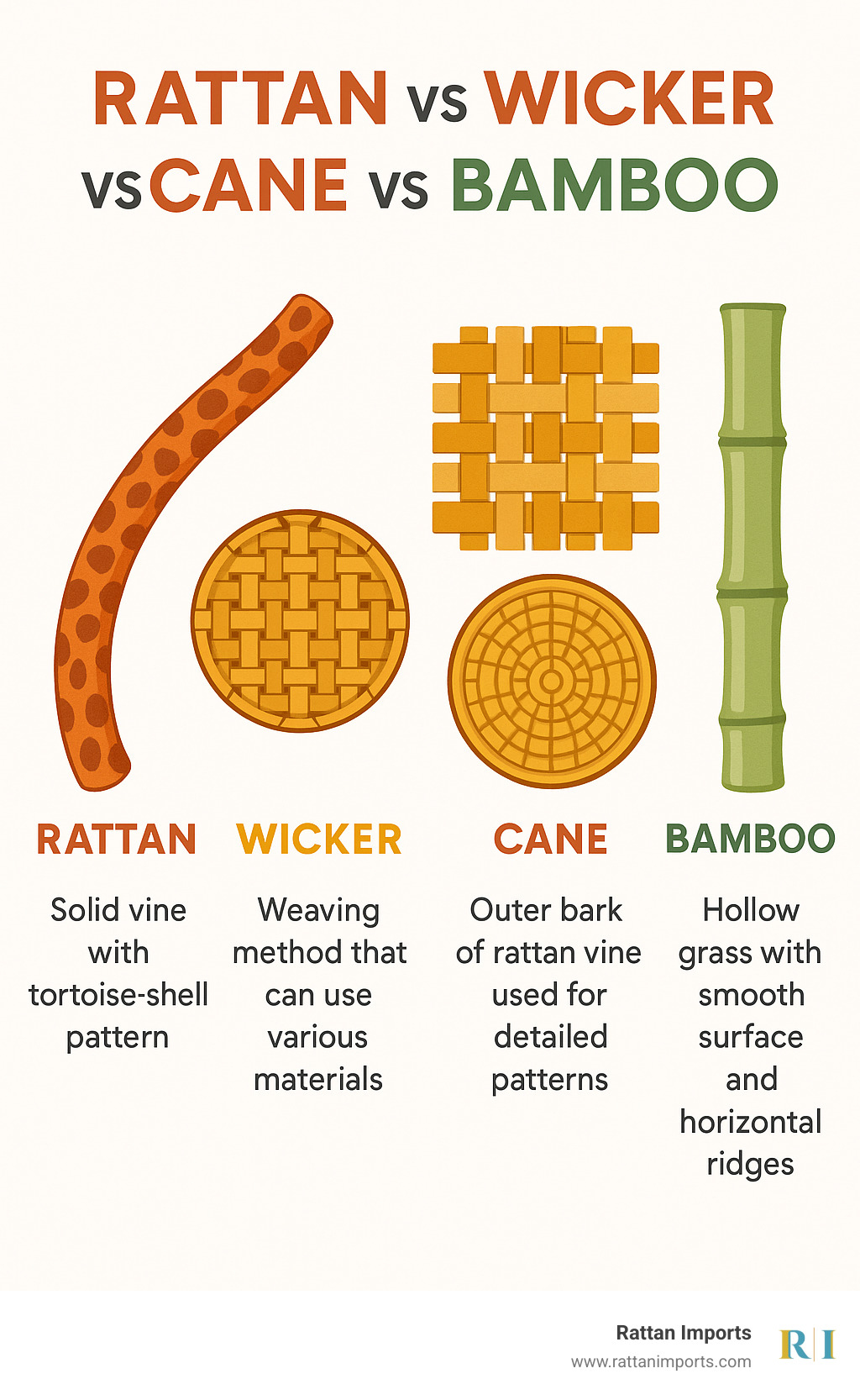Infographic showing the visual and structural differences between rattan (solid vine with tortoise-shell pattern), wicker (weaving method that can use various materials), cane (outer bark of rattan vine used for detailed patterns), and bamboo (hollow grass with smooth surface and horizontal ridges) - rattan end table infographic 