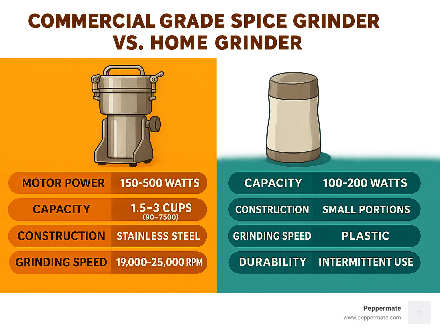 Detailed comparison infographic showing commercial grade spice grinder features versus home grinder limitations, including motor power differences, capacity comparisons, construction materials, grinding speed capabilities, and durability ratings - commercial grade spice grinder infographic 