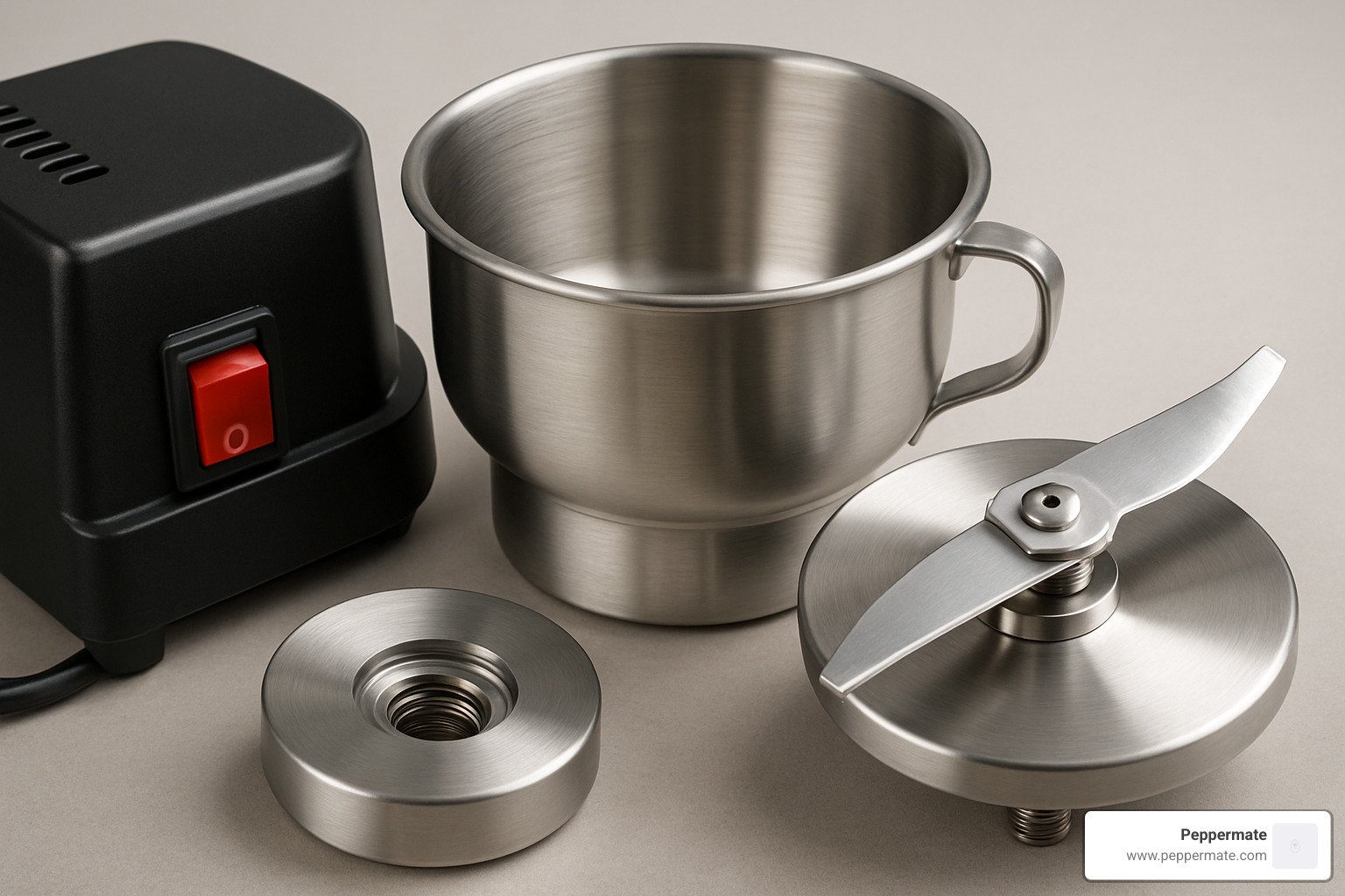 Detailed view of commercial spice grinder components including motor base, stainless steel grinding bowl, and precision-engineered blades - commercial grade spice grinder