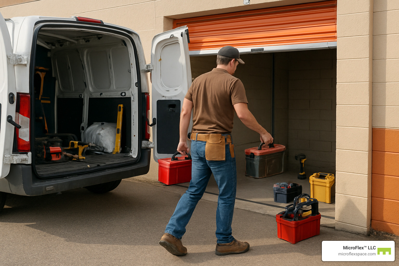 contractor loading tools from a drive-up storage unit - short term business storage