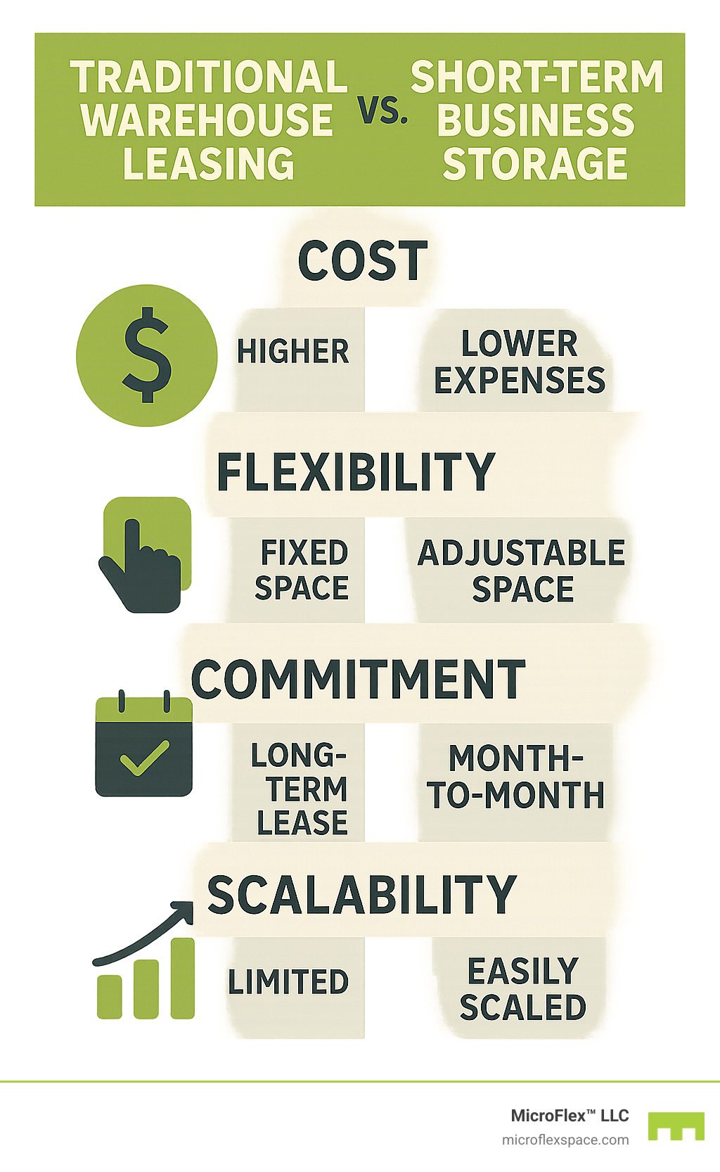 Infographic comparing traditional warehouse leasing vs. short-term business storage showing costs, flexibility, commitment terms, and scalability benefits - short term business storage infographic