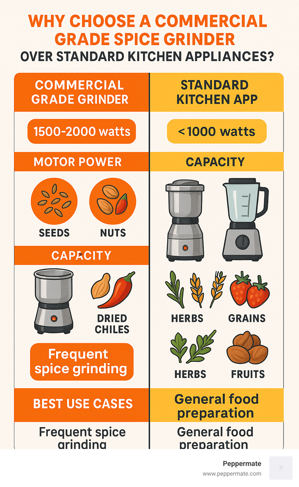 Comparison infographic showing commercial grade spice grinder versus standard kitchen appliances, highlighting differences in motor power, grind consistency, capacity, ideal ingredients, and best use cases - commercial grade spice grinder infographic 