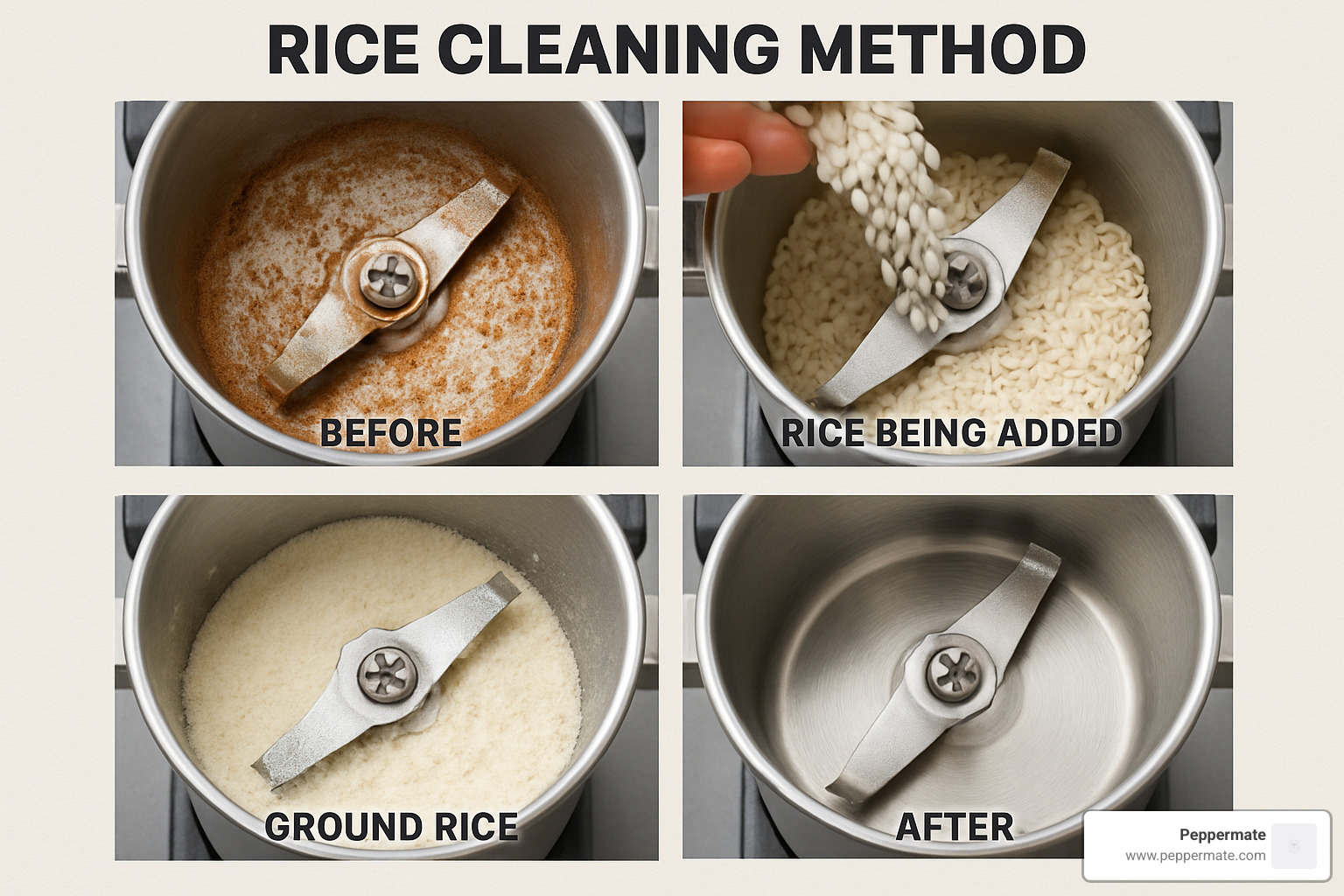 Step-by-step demonstration of the rice cleaning method, showing before and after images of the grinding bowl with rice powder being used to absorb oils and residue - commercial grade spice grinder