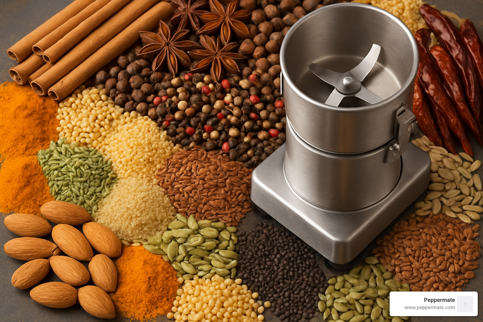 Colorful array of whole spices, nuts, and grains arranged around a commercial spice grinder, including cinnamon sticks, star anise, various peppercorns, dried chilies, and different types of seeds - commercial grade spice grinder