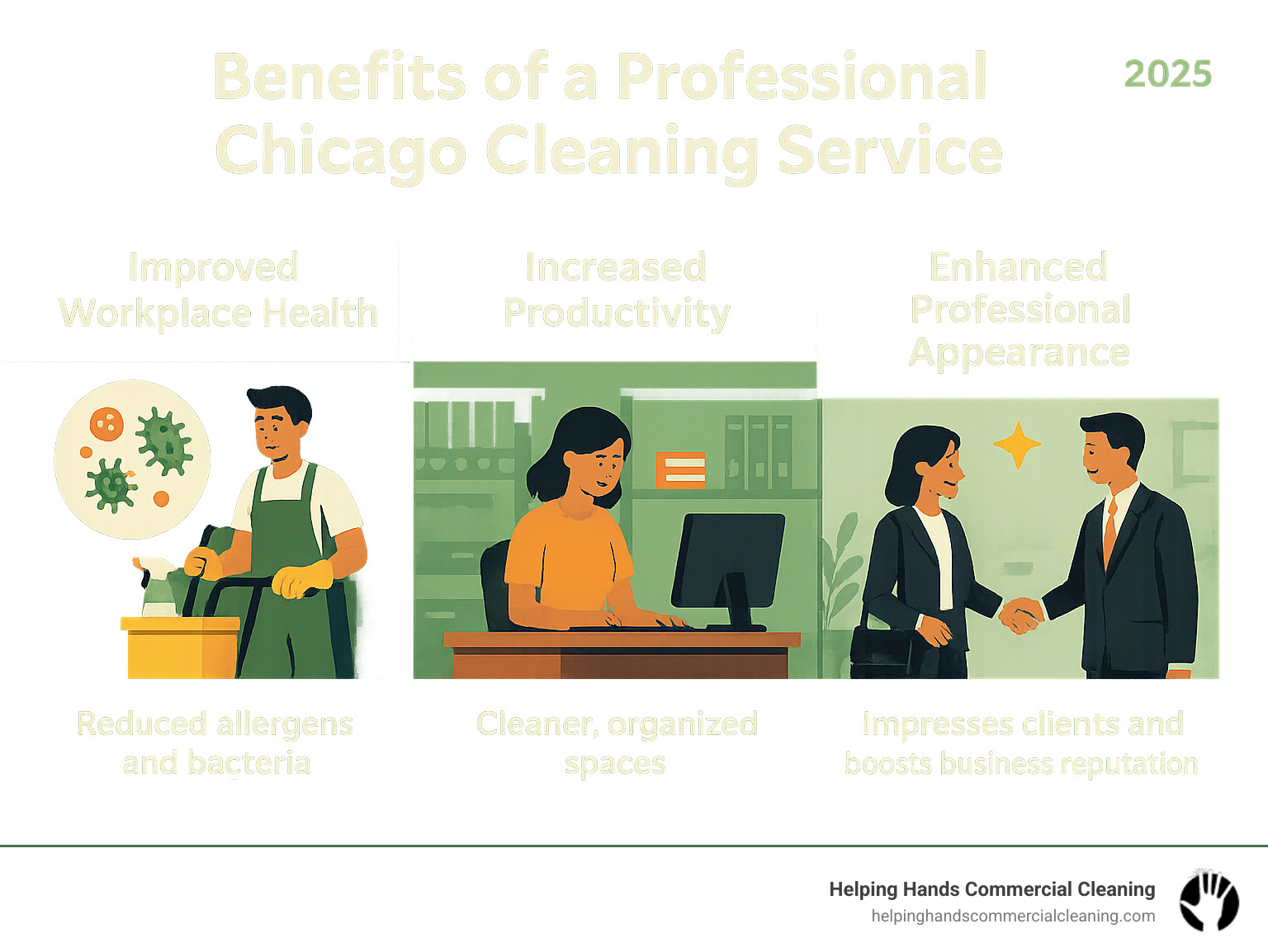 Benefits of professional Chicago cleaning service including improved workplace health with reduced allergens and bacteria, increased productivity through cleaner organized spaces, and improved professional appearance that impresses clients and boosts business reputation - chicago cleaning service infographic 