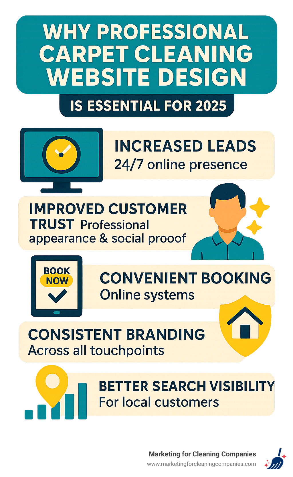 Infographic showing the key benefits of professional carpet cleaning website design including increased leads through 24/7 online presence, improved customer trust through professional appearance and social proof, convenient online booking systems, consistent brand building across all touchpoints, and better search engine visibility for local customers - carpet cleaning website design infographic