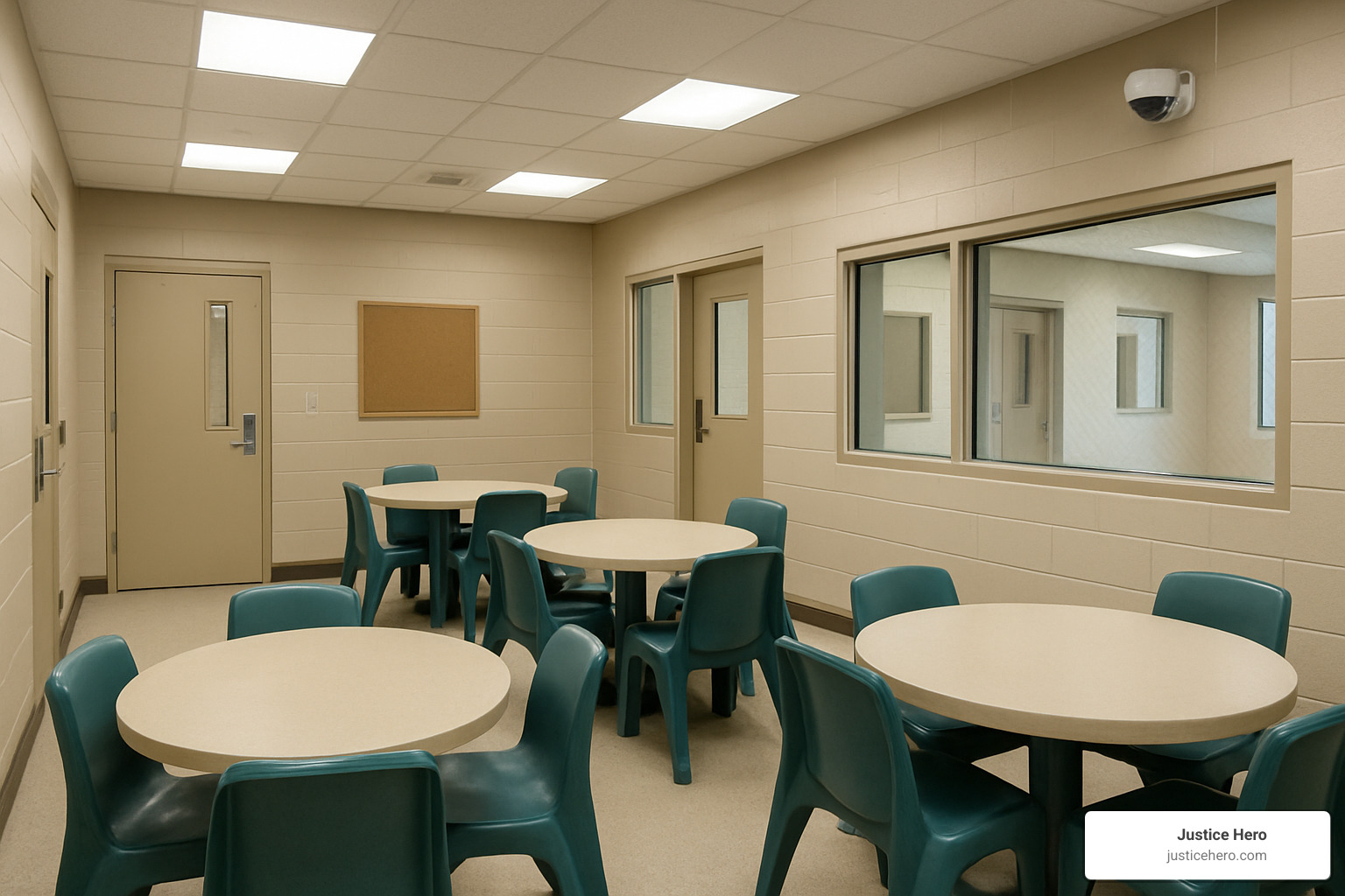 safe, clean facility common area with proper supervision and security measures - detention center for troubled youth
