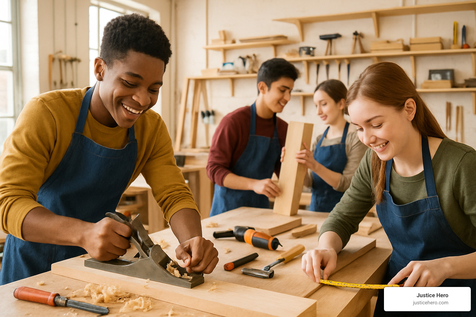 vocational training workshop with youth learning carpentry skills - detention center for troubled youth