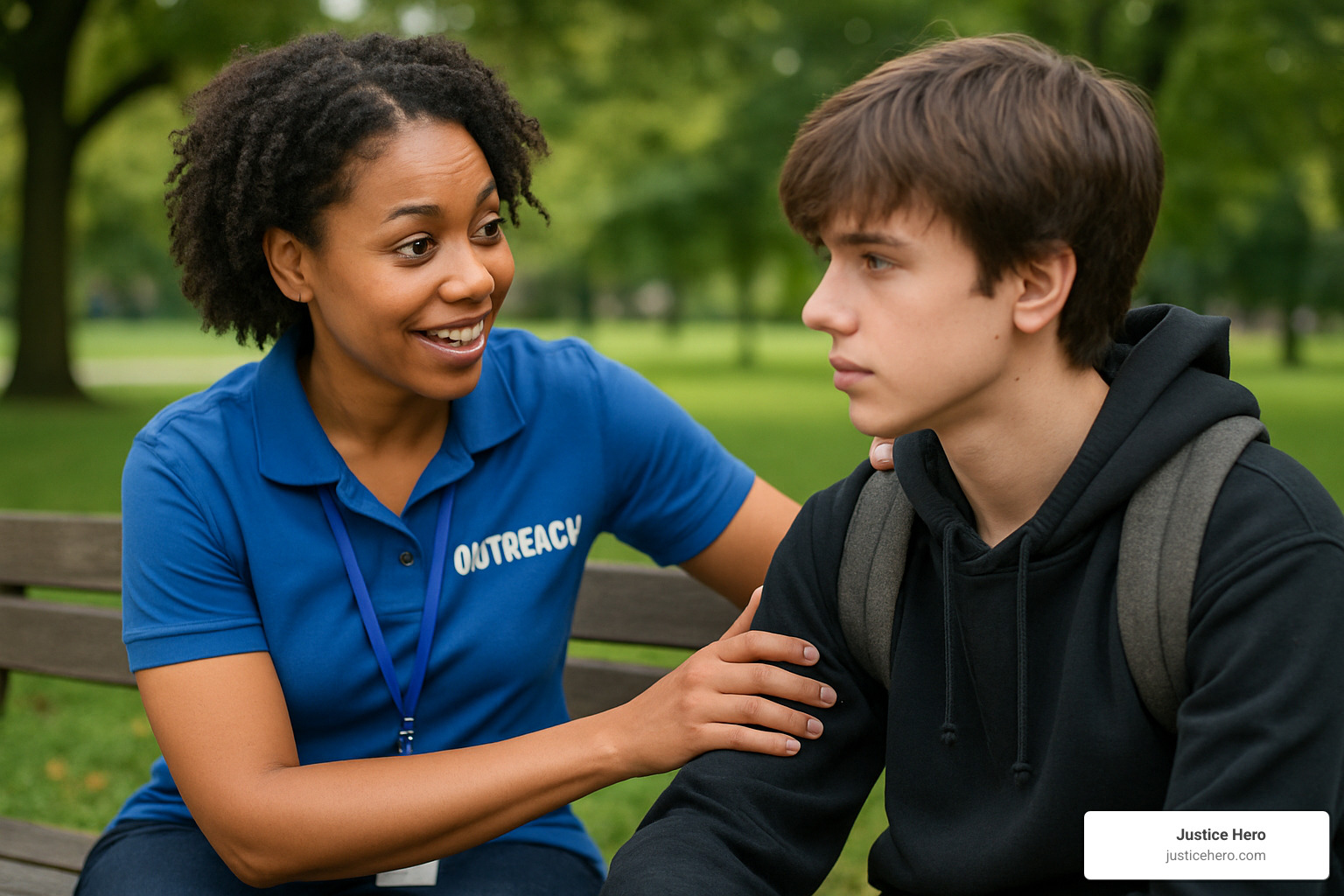 community youth outreach worker talking with a teenager in a park setting - detention center for troubled youth
