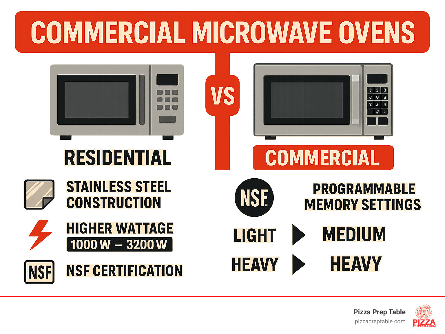 Infographic comparing residential vs commercial microwave ovens showing stainless steel construction, higher wattage ranges from 1000W-3200W, NSF certification badges, programmable memory settings, and duty level classifications from light to heavy use - commercial microwave ovens infographic 