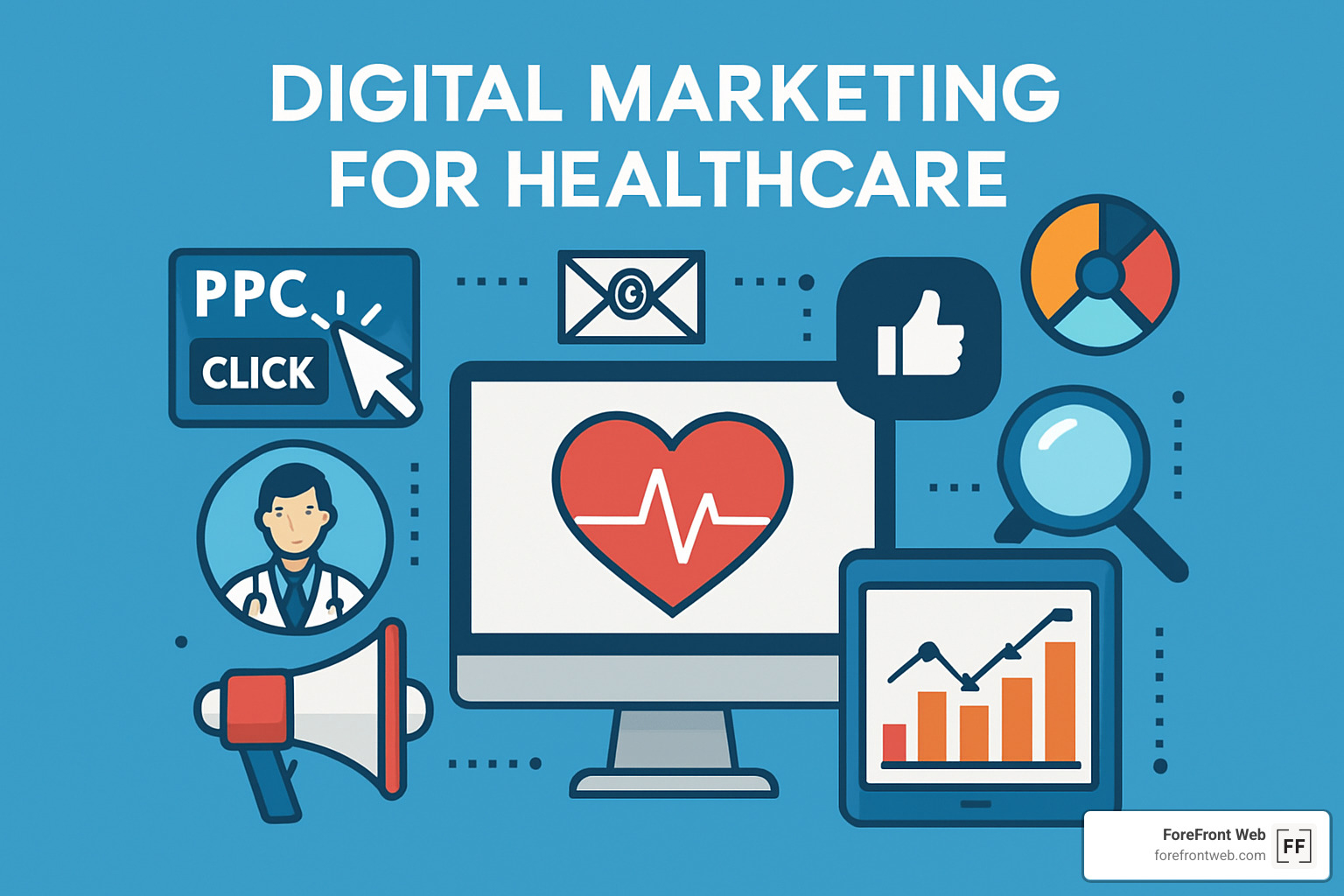 Team of healthcare marketing professionals collaborating on a comprehensive digital marketing strategy with charts, analytics, and planning materials - digital marketing for healthcare