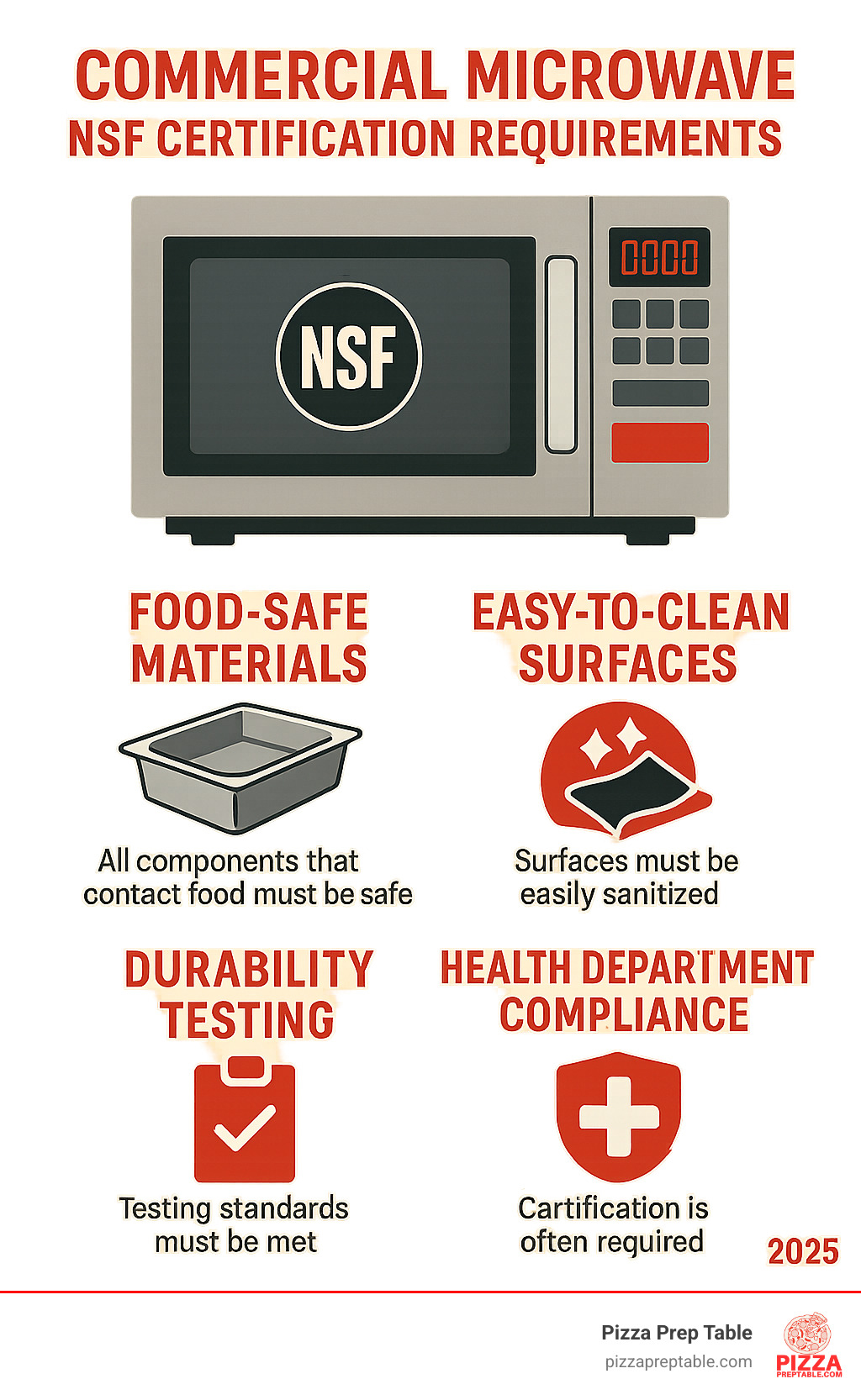 Commercial microwave infographic showing NSF certification requirements including food-safe materials, easy-to-clean surfaces, durability testing standards, and health department compliance requirements - commercial microwave ovens infographic 